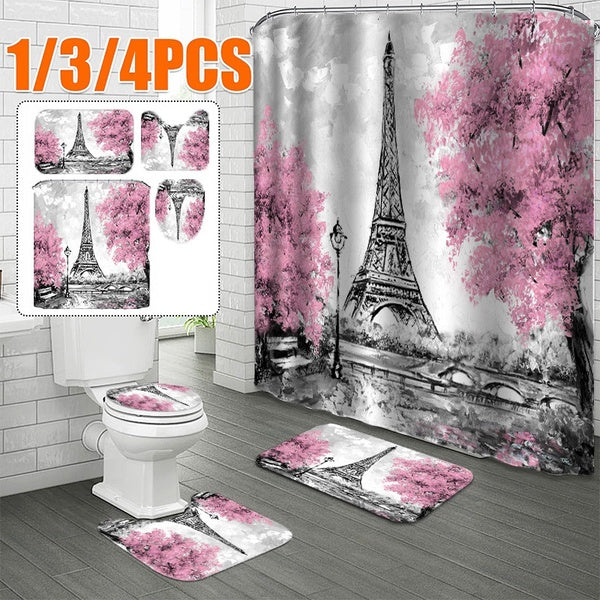 4-3-1 Piece Pink Romantic Eiffel Tower Pattern Bathroom Decor Waterproof Bathroom Shower Curtain Set Bathroom Mat Carpet Rug Toilet Cover Cover
