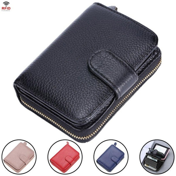 JNKET femmes RFID court portefeuille à fermeture éclair multifonction en cuir de vache sac à main portefeuille porte-cartes