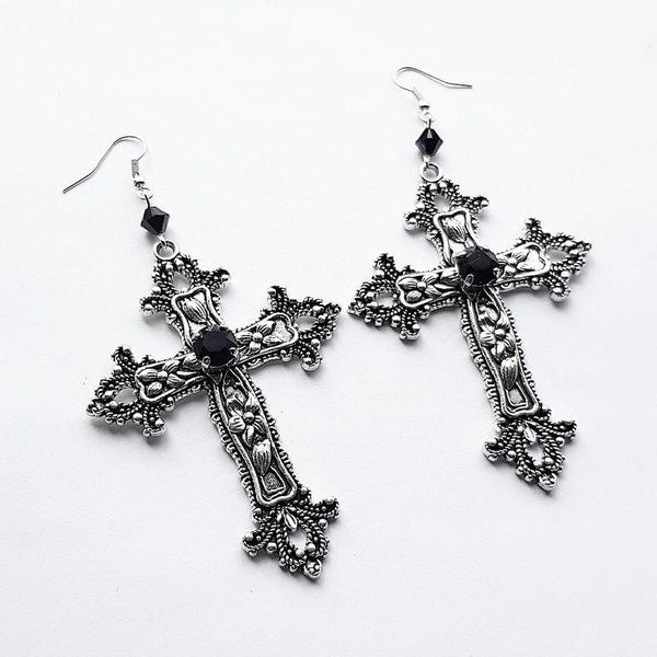 Goth Large Detailed Cross Black Drill Jewel Earrings Classical Punk Jewellery Fashion Wedding Statement Women for Her Gift