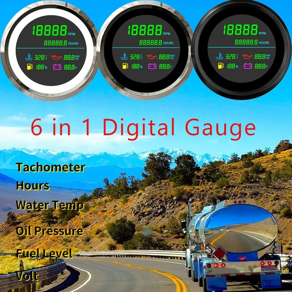 ELING 85mm 6 in 1 Digital Tachometer 0-19999RPM Hours Water Temp Oil Pressure Fuel Level Volt for Car Truck Motorbike 12V-24V