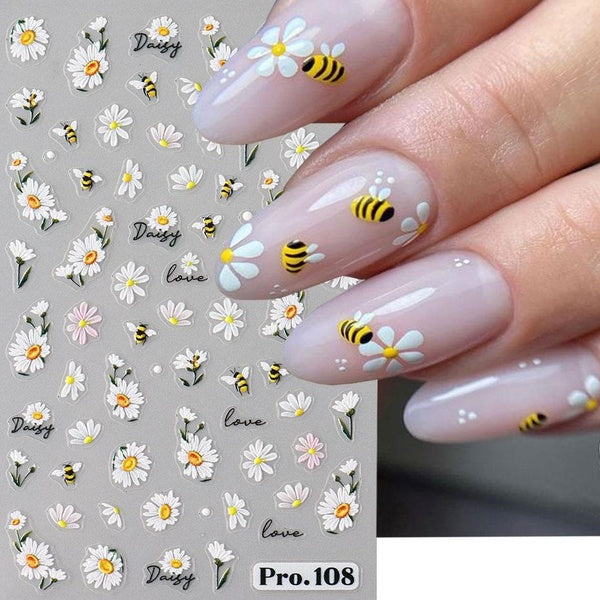 5D Cute Bee Daisy Flower Nail Stickers Petals Blossom Butterfly Insect Self-Adhesive Manicure Decal DIY Charms Foils Decor Nails