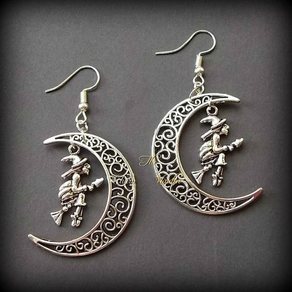 Flying Witch In Moon Earrings, Witch & Moon Earrings, Wicca Jewellery, Wiccan Earrings, Halloween Earrings, Silver Moon Earrings
