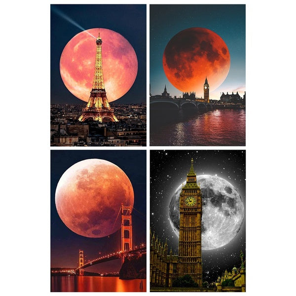 Red Moon and The Place of Interest DIY 5D Diamond Painting Tour Eiffel, Big Ben Full Drill with Number Kits Home and Kitchen Fashion Crystal Strass C