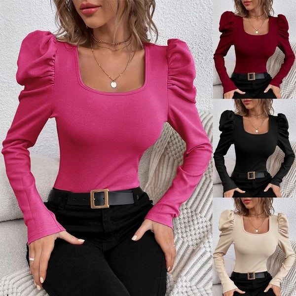 Women's Fashion Square Neck Long Sleeve Blouses Cute Sheep Leg Sleeve T-shirts Ladies Slim Fit Tops