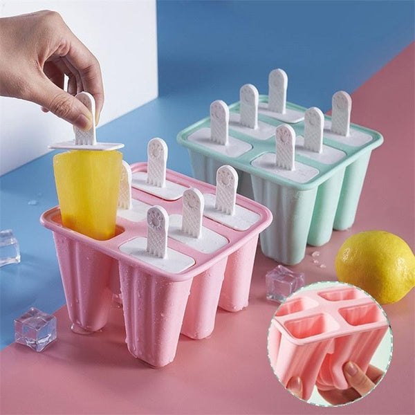 Silicone Ice Cream Mould Block 6 Cavity Frozen Molds DIY Icy Pole Jelly Popsicle Fruit Juice Ice Pop Maker Ice Tray Moulds Baking Accessories