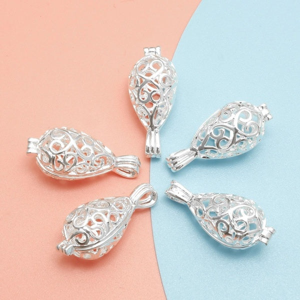 20pcs Silver Water Drop Pearl Cage Necklace Pendant, Aroma Oil Diffuser Adds Your Own Pearl, Stone Makes It More Attractive