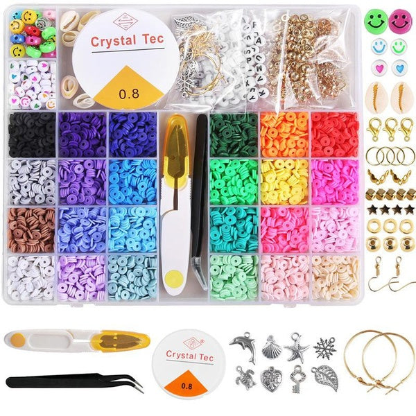 Clay Beads for Bracelet Making, Flat Round Polymer Clay Beads 6mm Spacer Beads with Pendant Charms Kit and Elastic Strings for Jewelry Making Kit Bra
