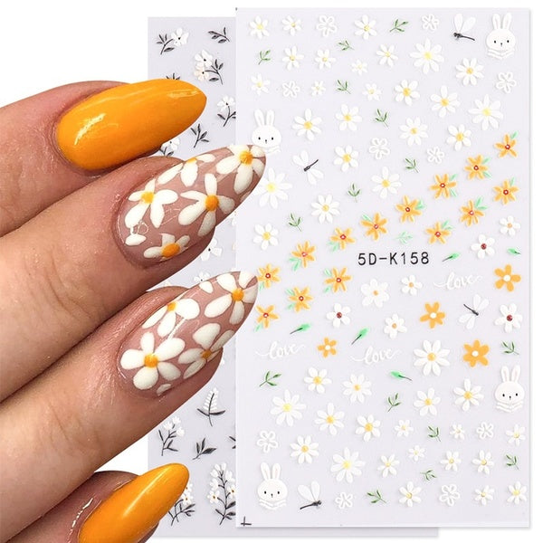 5D Bloem Daisy Reliëf Stickers Nail Sliders Eenvoudige Bloemen Ontwerp Elegante Zelfklevende Nail Art Decals Decoratie CH5D-K158