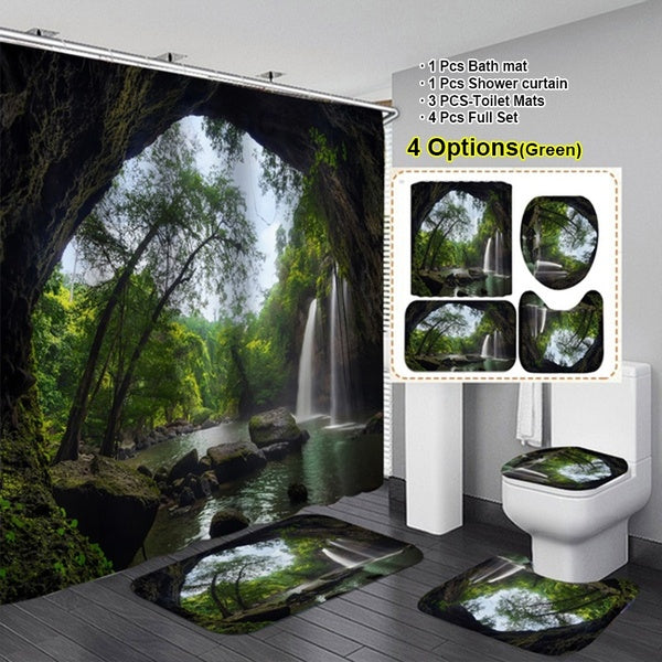3D Green Forest Waterfall Shower Curtain Set Decro Waterproof Shower Curtain+ Non Slip Bathroom Pedestal Rug + Toilet Lid Cover + Floor Mat Bath Mat