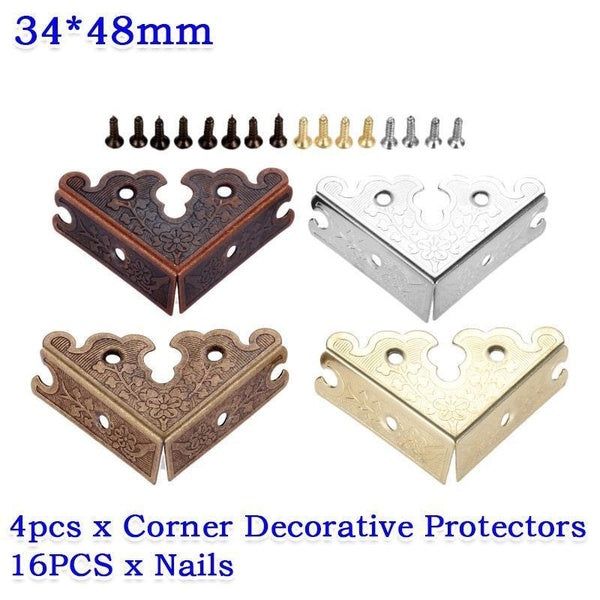 4pcs 34mm Zinc Alloy Jewelry Wooden Box Triangle Corner Decorative Protectors with 16pcs Nails Furniture Carved Table Corner Brackets Protection