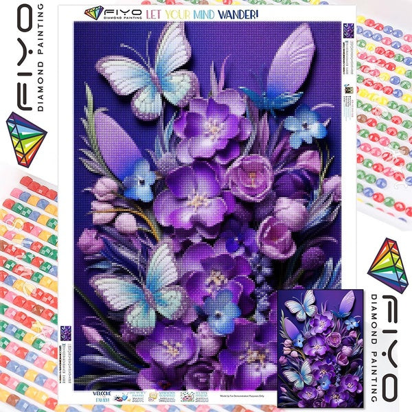 FIYO DIY 5D Purple Butterfly Flower Diamond Painting Full Drill with Number Kits Home and Kitchen Fashion Mosaic Diamond Painting Canvas Wall Decorat