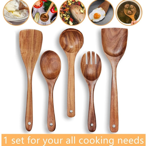 Wooden Kitchen Utensil Set 5 Cooking Utensils Spatula Spoons for Cooking Nonstick Cookware, 100% Handmade by Natural Teak Wood