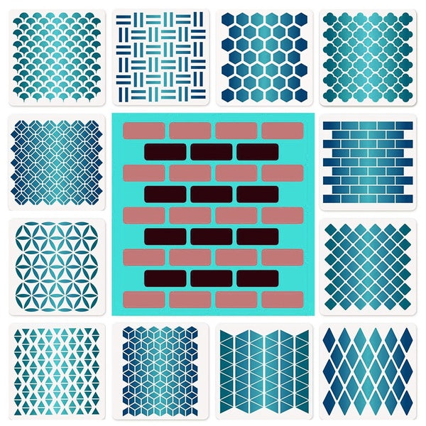 12 PCS Geometric Honeycomb Stencils Art Painting Templates Stencils for Scrapbooking Drawing Tracing DIY Furniture Wall Floor Decor