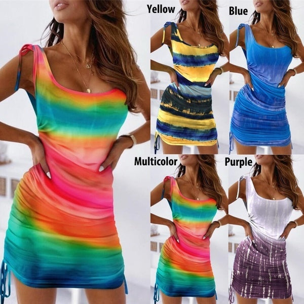 Women Summer Slim Dress Floral Print Sleeveless Tank Vestidos