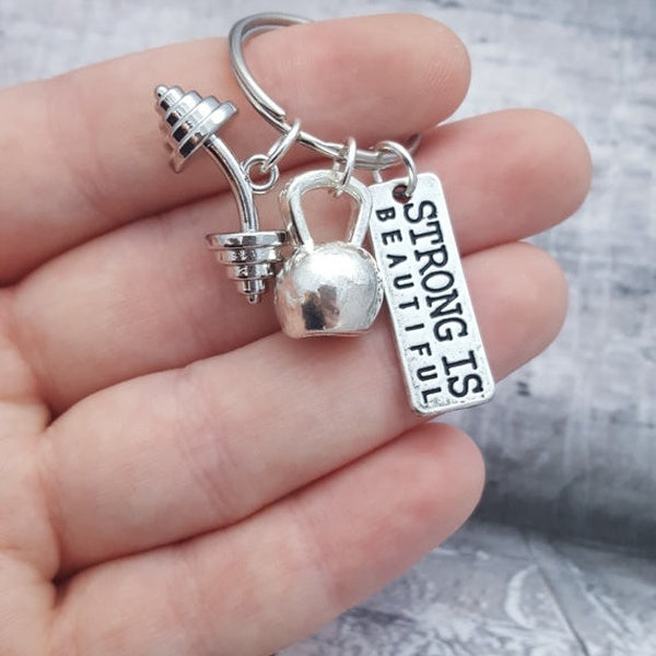 Gym Keyring, Fitness Keychain, Motivation Charms, Gym Bag Accessory, Gym Accessory, Dumbell Keyring, Strong Is Beautiful, Kettlebell Keyring