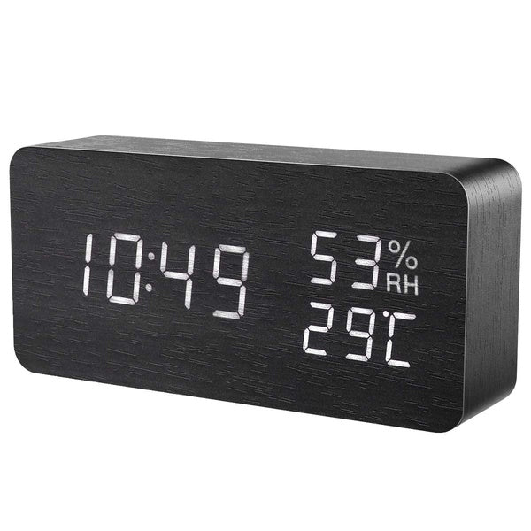 Wooden Alarm Clock Digital Multi-Function Modern LED Light Smart Voice-Activated with 3 Alarm Sounds Display Date Temperature & Humidity for Home, Ki