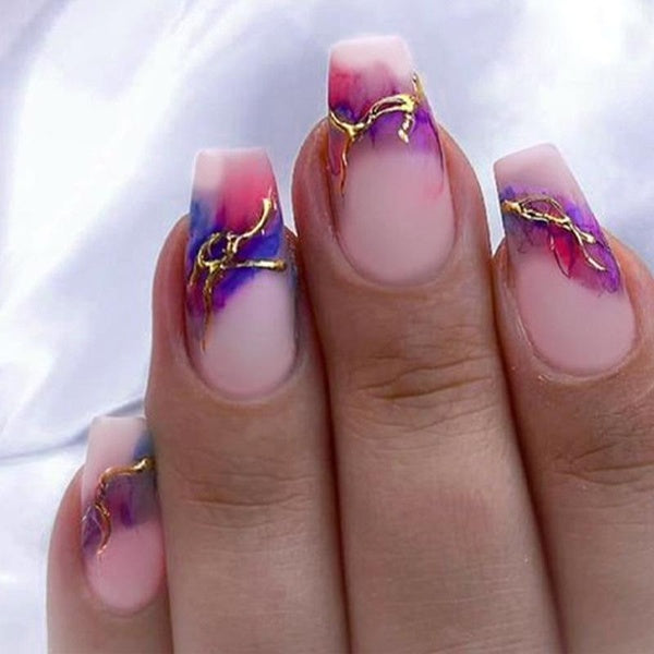 24Pcs Short Coffin French False Nails Colorful Flower Wearable Fake Nails Gradient Full Cover Press on Nail Tips Art