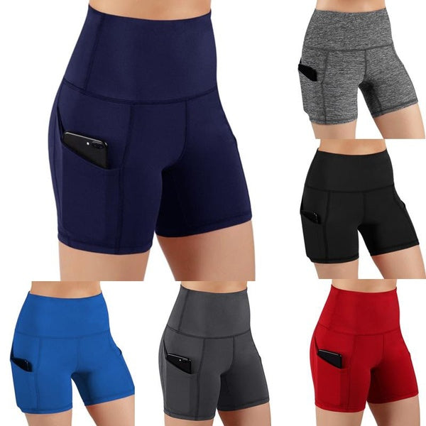 Short de Sport pour femmes, avec poche, taille haute, élastique, Leggings courts de Yoga, de gymnastique, de course, de Fitness, pantalons courts
