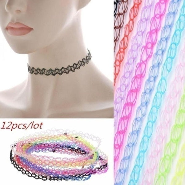 Tattoo Necklace for Girls Gothic Chokers Necklaces for Women Elastic Hollow Punk Jewellery 12 Pcs-Set