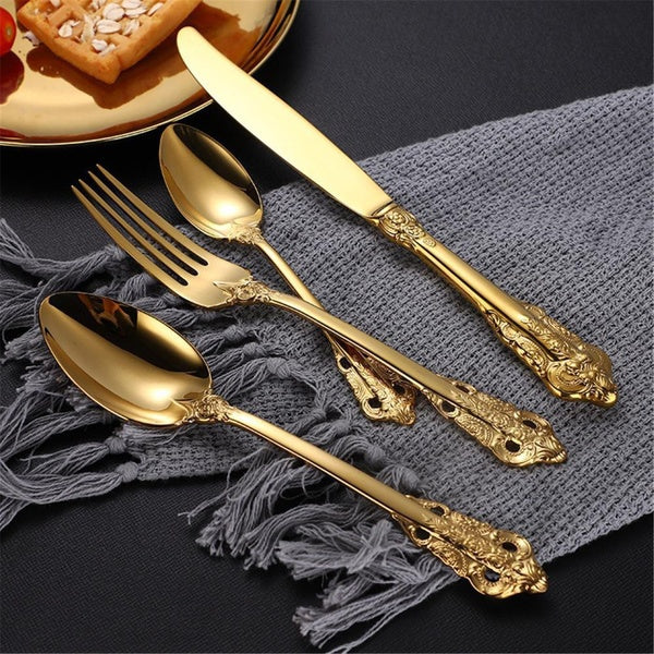 Royal Gold Cutlery Silverware Stainless Steel Flatware Wedding Festival Christmas Party Dinnerware In Gift Box Spoon Set