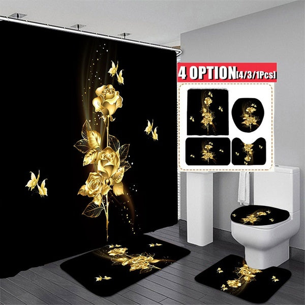 4-3-1 Pcs Gold Rose Shower Curtain Sets with Non-Slip Rug Toilet Lid Cover Bath Mat Rose Shower Curtain with 12 Hooks Waterproof Shower Curtain for B