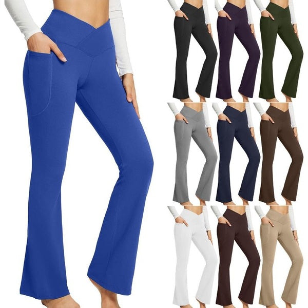 Pantalon cloche taille haute décontracté pour femmes, coupe cintrée, couleur unie, pantalon de Yoga, de gymnastique, avec poches serrées