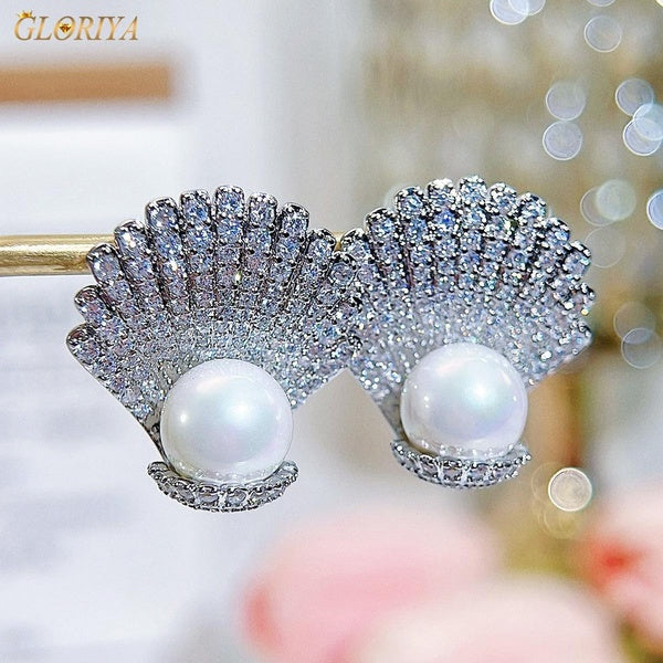 Gloriya Delicate Women Ear Jewelry White Gold Plated Micro Pave Bling AAA Cubic Zircon Charming Shell Shape Stud Earrings with Pearl Prom Party Acces