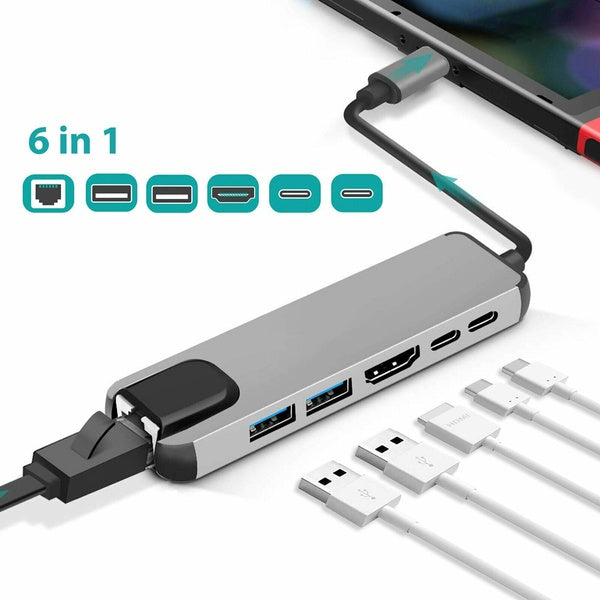 Adaptateur multiport 6 en 1 4K HDMI Ethernet USB C Hub pour Nintendo-MacBook-ordinateur portable