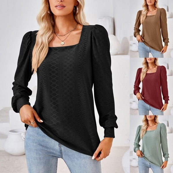 Women's Fashion Square Neck Long Sleeve Blouses Autumn Winter Casual Loose T-shirt Female Solid Color Shirts Tops