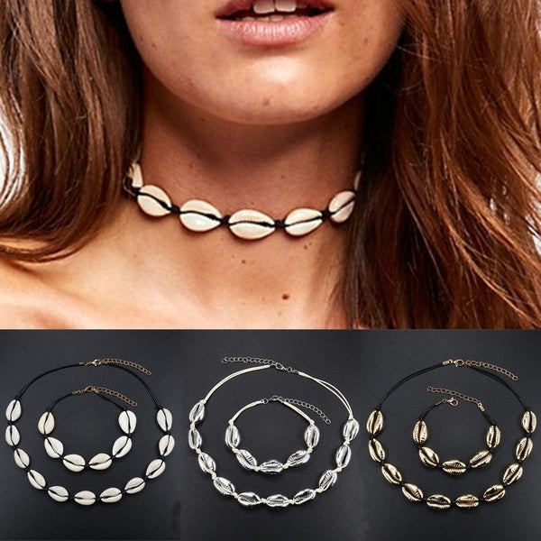 Hot Natural Conch Seashell Necklace Bracelets Set Women Jewelry Summer Boho Beach Shell Choker Handmade Rope Cowrie Beaded Necklaces