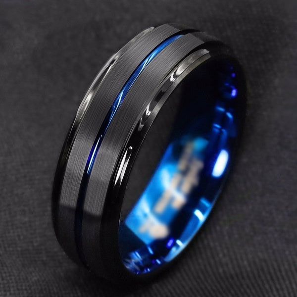 NEW Fashion 8mm Tungsten Carbide Steel Ring Thin Blue Line-Inside Black Brushed Men's Wedding Band Promise Jewelry Gift