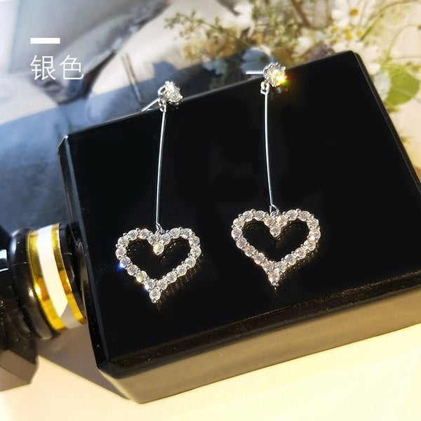 S925 Argent Sterling Élégant En Forme De Coeur Boucles D'oreilles Pendantes Dames Personnalité Simple Long Gland Plein Diamant Amour Boucles D'oreill