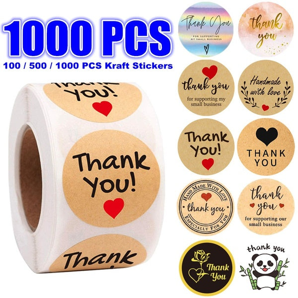 100-500-1000pcs Rainbow Laser Kraft Paper Thank You Stickers with Red Heart Handmade Labels Sticker for Business Envelope Sealing Stationery Sticker