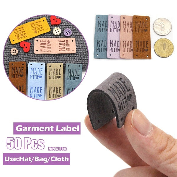 50-20-10 Pcs Made with Love Leather Labels Handmade Tags for Hat Knitting Hand Made Label for Clothes DIY Bags Garment Accessories
