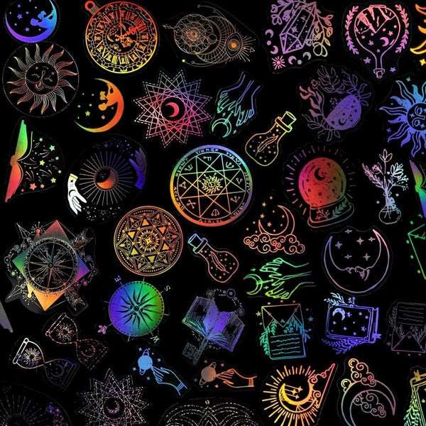 （7 styles）Holographic Glitter Magic Stickers Vintage moon Sticker Decorative PET Transparent Stickers Decals Self-Adhesive Waterproof Stickers Label