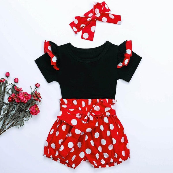 3pcs Baby Girls Short Sleeve Ruffle Trim Romper Bodysuit & Polka Dot Graphic Belted Shorts & Headband Set For Newborn Infant Toddler Summer Clothes