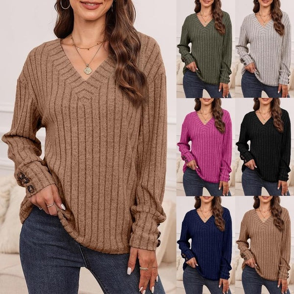 Women's Fashion Casual V-neck Long Sleeved Blouses Tops Ladies Solid Loose T-shirt Autumn Winter Pit Strip Tops