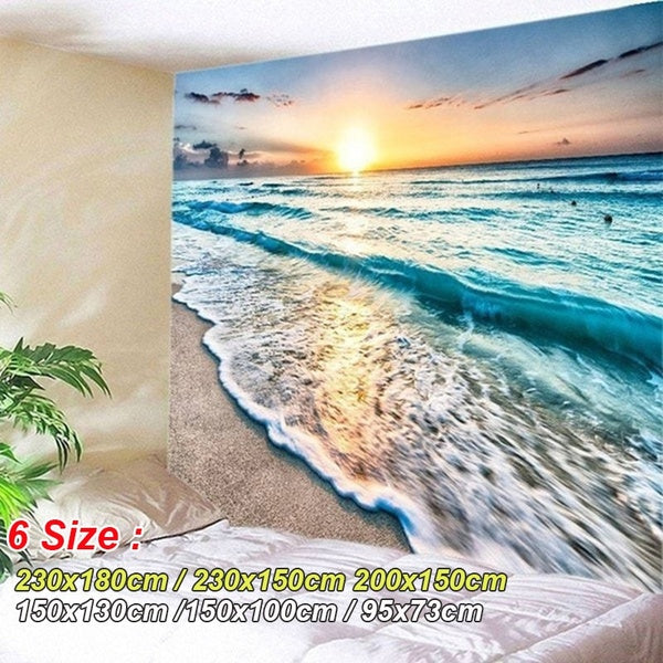 3D The Blue Ocean Tapestry Landscape Tapestry Ocean Sunset Beach Pattern Nature Wall Decorations Bohemian Home Decor for Bedroom, Dorm, College, Livi