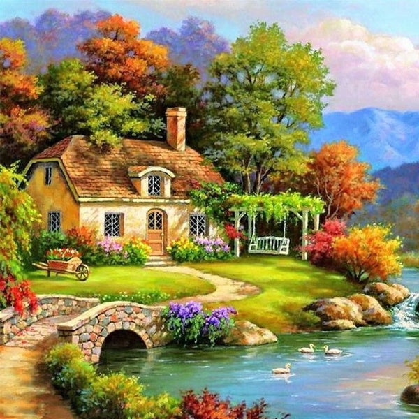 DIY 5D House and River Landscape Diamond Painting Full Drill with Number Kits Home and Kitchen Fashion Crystal Rhinestone Cross Stitch Embroidery Pai