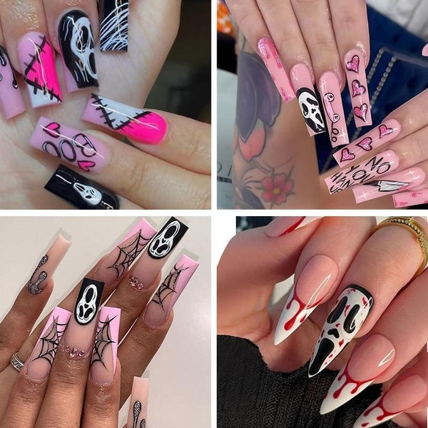 Halloween Fake Nails Scream Ghost Face Wearable False Nails Pink Love Heart Skull Pattern Full Cover Detachable Finished Press on Nails with Glue