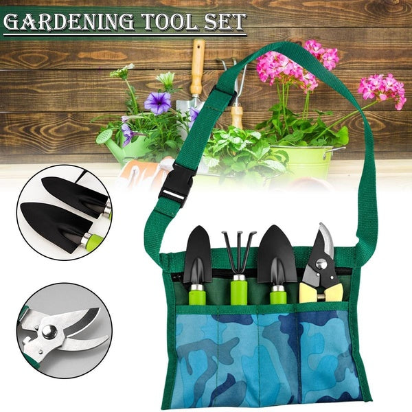Portable Gardening Tool Set, Tool Pouch Belt with Round Shovel & Point Shovel & Hand Cultivator & Pruning Shear for Garden Yard Lawn