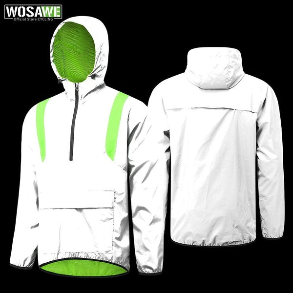 WOSAWE Cycling Hooded Jacket Sports Full Reflective Motorcycle Jacket Racing Night Running Windproof Rainproof Breathable Windbreaker Bike Coat