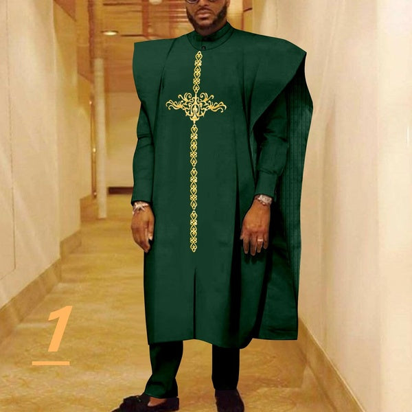 African Clothes for Men Embroidery Agbada Robe Shirts and Pants Set Dashiki Outfits Traditional Attire for Wedding