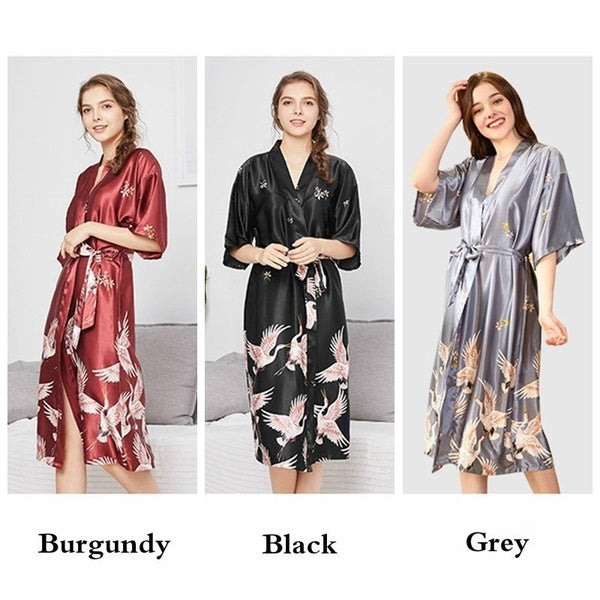 Faux Silk Japanese Kimono Yukata Crane Short Sleeve Robe Bathrobe Night Gown Sleepwear