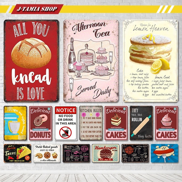 Afternoon Tea Cakes Metal Posters Vintage Tin Signs Fast Food Restaurant Cafe Bar Bakery Kitchen Wall Decor