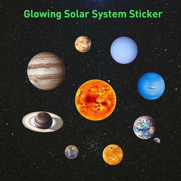 Glow In The Dark Planets, Bright Solar System Wall Stickers -Sun Earth Mars and So on, 9 Glowing Ceiling Decals for Bedroom Living Room, Galaxy Shini