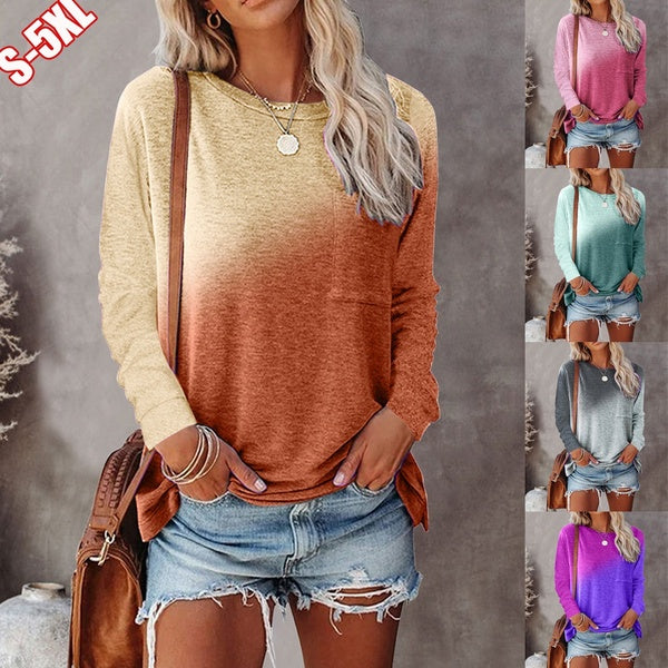 Plus Size XS-5XL Autumn -winter Fashion Women's Clothing Casual Long Sleeved Floral Gradients Printing Pockt Round Neck Loose T Shirt & Blouses Tops