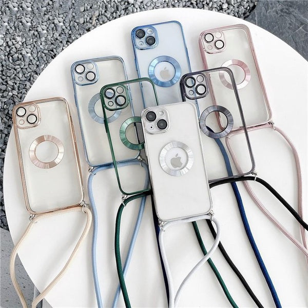 Luxe Placage Transparent Bandoulière Collier Lanière Cordon Étui Souple pour IPhone 14 13 12 11 Pro Max XS XR 8 7 Plus SE3 Couverture