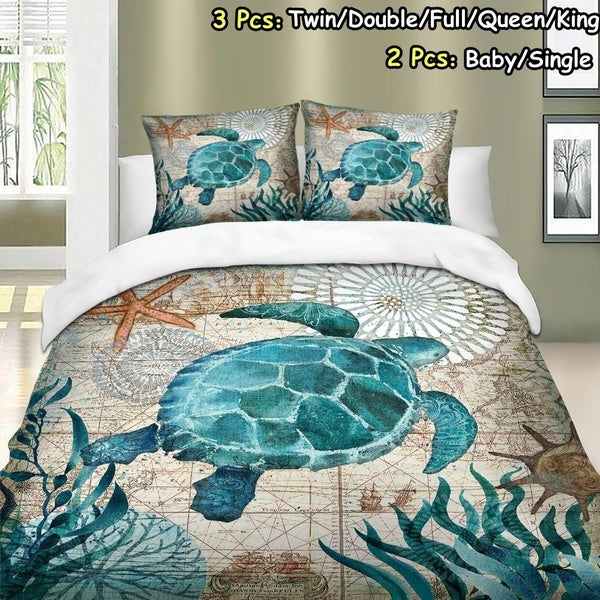 Home Textile 3D Cartoon Sea Turtle Pattern Print Bedding Set 2-3Pcs of Duvet Cover & Pillowcase Quilt Cover Bedding Set Baby-Single-Twin-Double-Full-