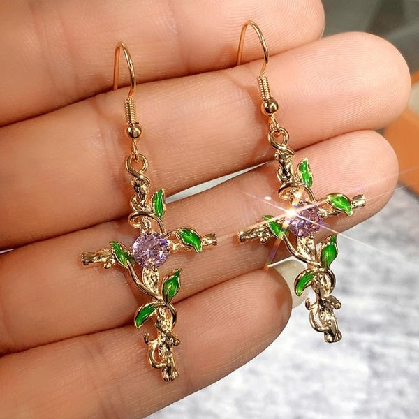 Trendy Green Leaf Golden Vine Cross Drop Earrings for Women Daily Casual Fashion Accessories Matron Inn